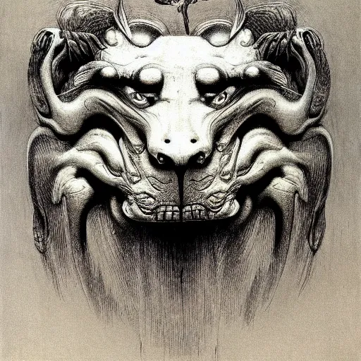 Image similar to creature with with four faces : eagle, bull, man, lion. drawn by zdzislaw beksinski