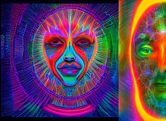 Image similar to trasnformation into transcendence into collaborative intelligence, endless collaboration with ai, connectedness, body, by alex grey, album cover, award winning, beautiful, colorful, volumetric lighting, trending on artstation, cinematic