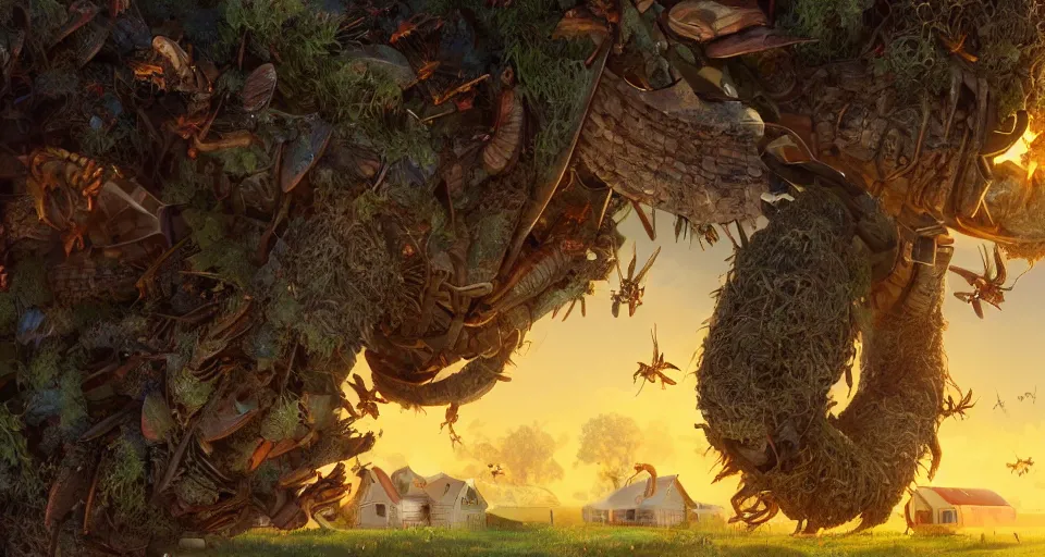 Prompt: giant bugs crush a farm house, close up, hyperdetailed, artstation, cgsociety, golden hour 8k