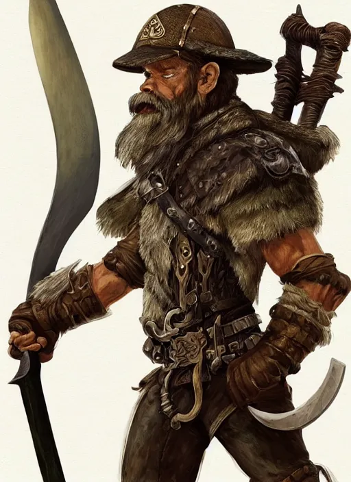 Prompt: strong young man, photorealistic bugbear ranger holding aflaming sword, black beard, dungeons and dragons, pathfinder, roleplaying game art, hunters gear, jeweled ornate leather and steel armour, concept art, character design on white background, by alan lee, norman rockwell, makoto shinkai, kim jung giu, poster art, game art