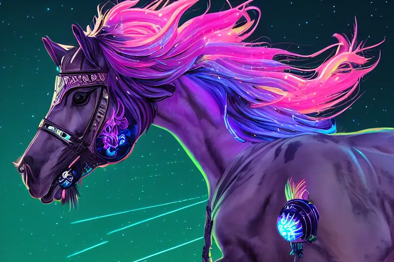 Image similar to a stunning horse with bioluminescent mane and tail running in space by sandra chevrier and greg rutkowski, neon hooves, purple blue color scheme, vaporware, retro, outrun, high key lighting, volumetric light, digital art, highly detailed, fine detail, intricate, ornate, complex, octane render, unreal engine, photorealistic