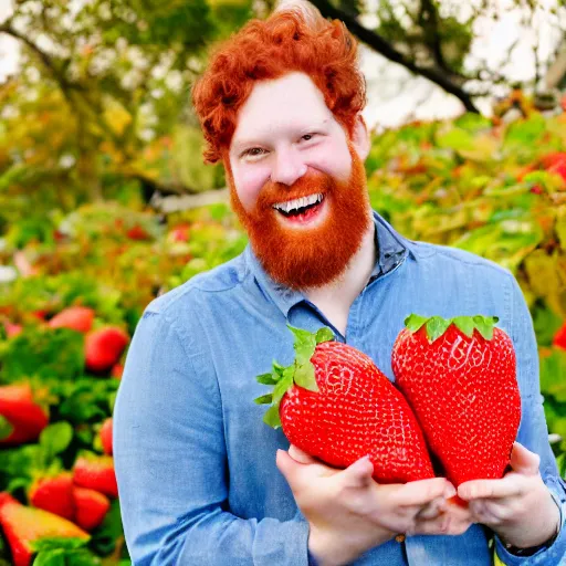 Prompt: a tall man with curly red hair, smiling, holding a giant strawberry, brooklyn background, portrait, highly detailed, realistic photography, soft focus, radiant lighting