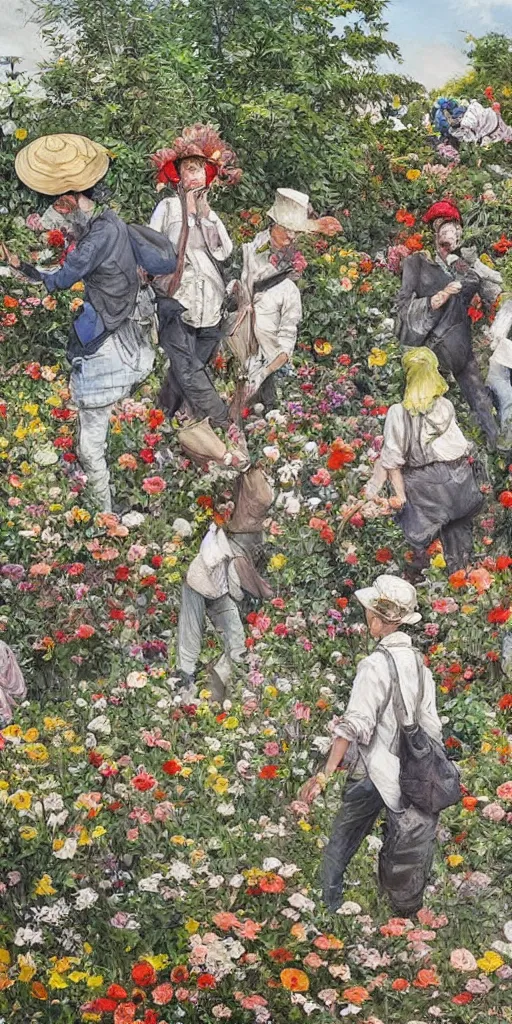 Image similar to oil painting scene from gardeners crowd in the flower garden by kim jung gi