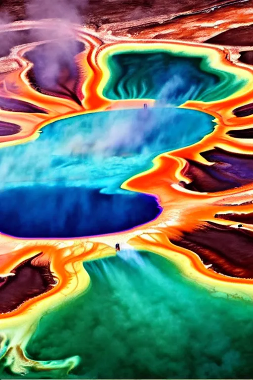 Image similar to grand prismatic spring drone photorealism by arthur haas and bruce pennington and john schoenherr, cinematic matte painting, 8 k, dark color palate