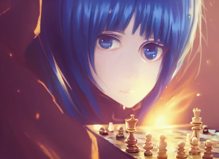 Image similar to rimuru playing chess, with gold eyes, sky blue straight hair, bangs, wearing a black jacket, high collar, concept art, award winning photography, digital painting, cinematic, by wlop, anime key visual, wlop, pixiv, 8 k, by ross tran, tom bagshaw, ilya kuvshinov,