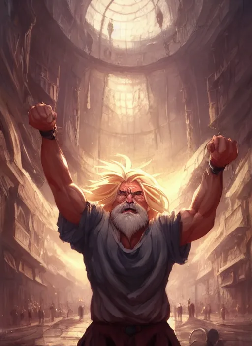 Image similar to Muscular old man with blond hair and beard engulfed in stasis crystal chamber in the middle of the square. In style of Greg Rutkowski, Jesper Ejsing, Makoto Shinkai, trending on ArtStation, fantasy, great composition, concept art, highly detailed, scenery, 8K, Behance.