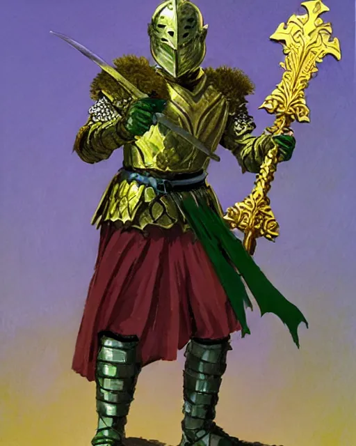 Image similar to beverly toegold the fifth, epic level dnd male halfling verdant paladin of the ancients and green teen, wielding a golden holy sword, wearing magical gleaming chainmail armor. full character concept art, realistic, high detail digital gouache painting by angus mcbride and michael whelan and jeffrey jones