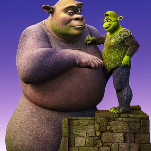 Image similar to a grandiose stone statue monument for shrek, fantasy illustration