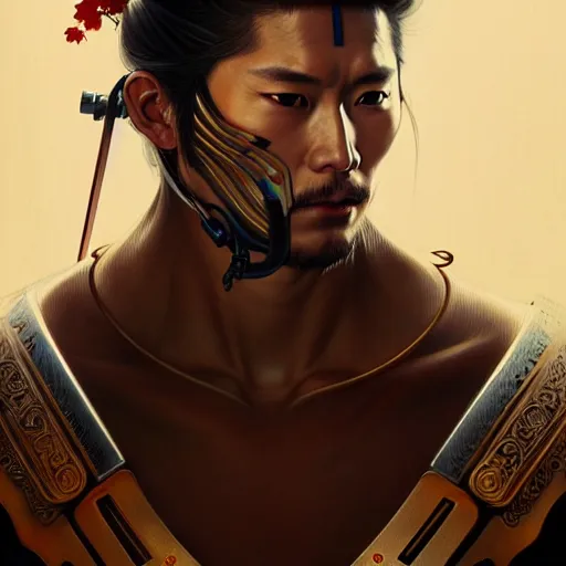 Image similar to ultra realistic illustration, a japanese male cyborg samurai, intricate, elegant, highly detailed, digital painting, artstation, concept art, smooth, sharp focus, illustration, art by artgerm and greg rutkowski and alphonse mucha