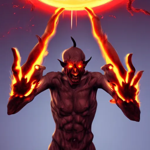 Image similar to two demonic hands hold the earth, flames in the background, artstation