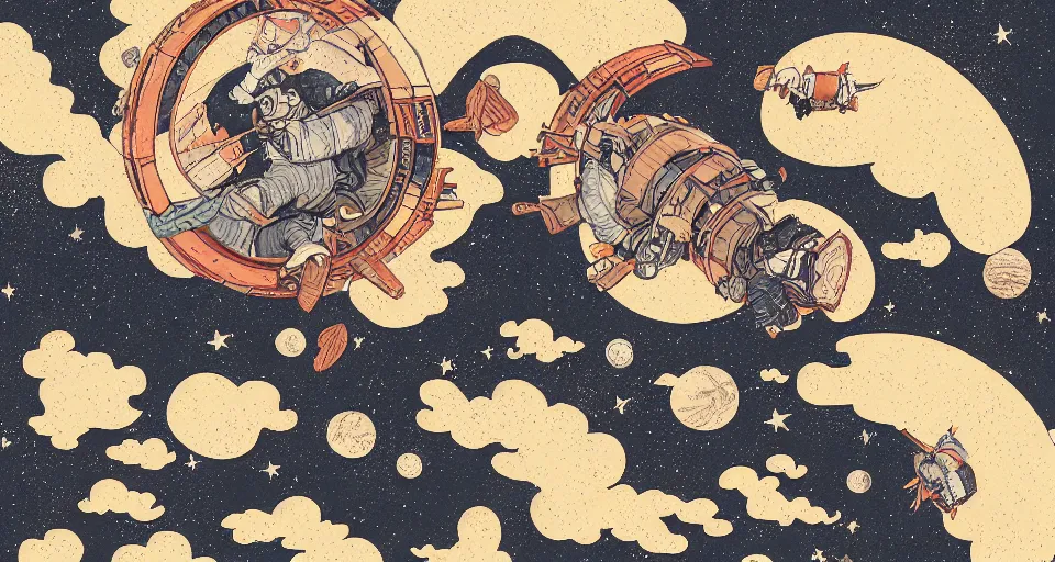 Prompt: guineapigs flying in space suits, deep dark universe, twinkling and spiral nubela, warmhole, beautiful stars, 4 k, 8 k, by hokusai, samurai man vagabond, the samurai holds chains, detailed, editorial illustration, matte print, concept art, ink style, sketch, digital 2 d