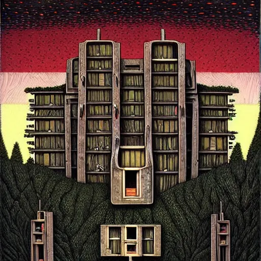 Image similar to a mansion with brutal architecture in the middle of an ancient futuristic druidic village in the woods, painting by jeffrey smith