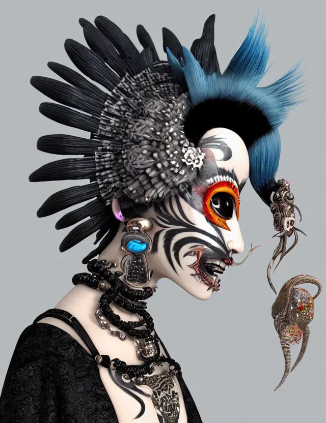 Image similar to 3 d goddess close - up profile portrait punk with mohawk with ram skull. beautiful intricately detailed japanese crow kitsune mask and clasical japanese kimono. betta fish, jellyfish phoenix, bio luminescent, plasma, ice, water, wind, creature, artwork by tooth wu and wlop and beeple and greg rutkowski