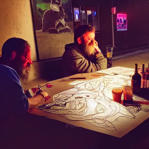 Image similar to photo portrait of drunk hobo artist drawing furries for booze, symmetry, awesome exposition, very detailed, highly accurate, intricate, professional lighting diffracted lightrays, 8 k, sense of awe