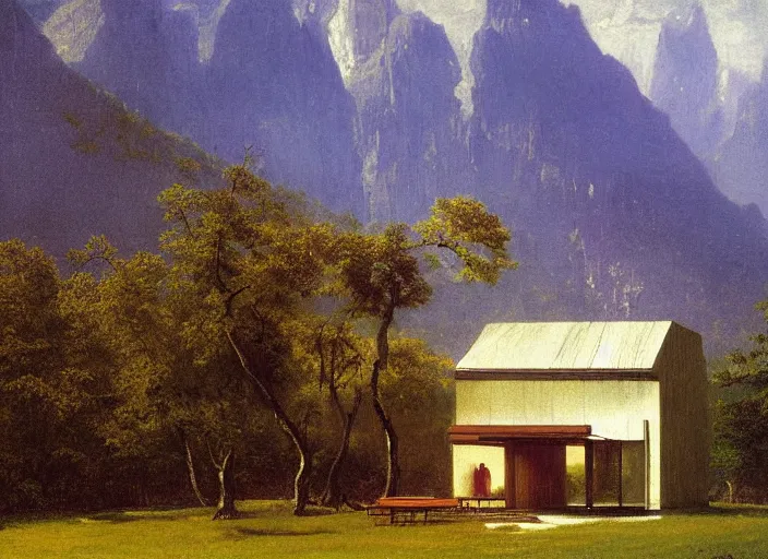 Prompt: painting of a mies van der rohe house in front of beautiful mountains by albert bierstadt