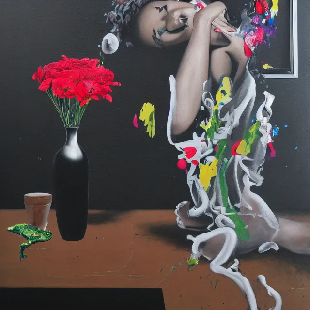 Image similar to empty room with black walls, sensual portrait of a woman, japanese vase, spilled flowers, puddle of water, octopus, squashed berries, neo - expressionism, surrealism, acrylic and spray paint and oilstick on canvas