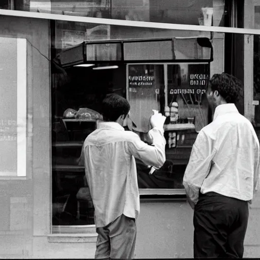 Image similar to candid portrait photograph of a man staring at a computer outside a restaurant, his friends are angry, taken by annie leibovitz,