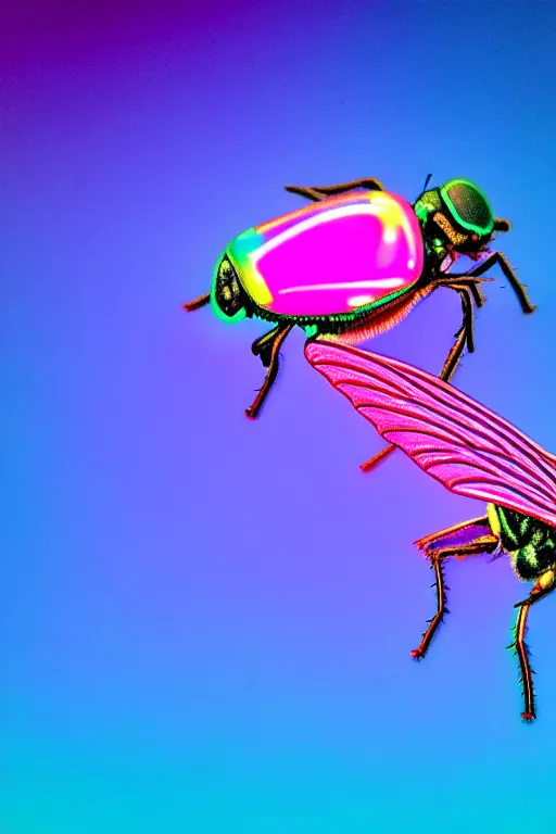 Image similar to high quality macro photo holographic neo-surreal fly! jeweled gorgeous! highly detailed digital art david ligare elson peter cinematic pink neon lighting high quality low angle hd 8k sharp shallow depth of field