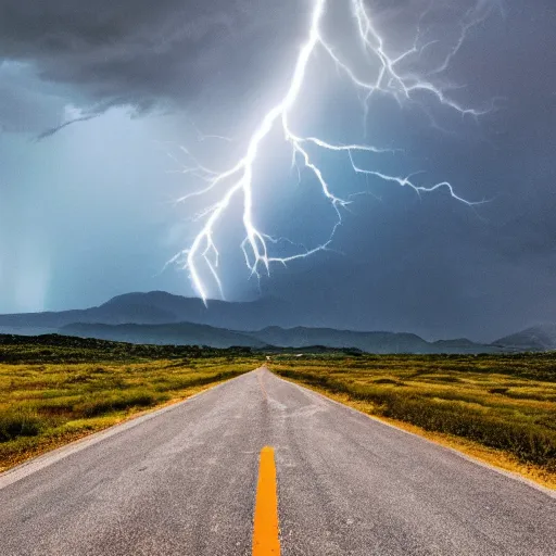 Prompt: a road in the Center of the image, going off into the distance. In the background is a mountain range. Storm clouds and lightning on the horizon. Matte painting, cinematic, epic.