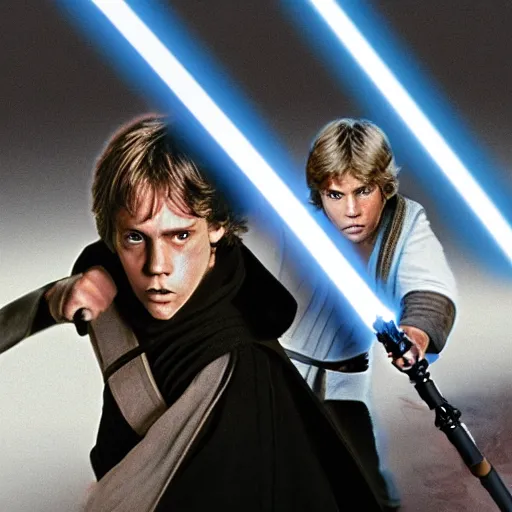 Image similar to luke skywalker fighting anakin skywalker, star wars, lightsaber