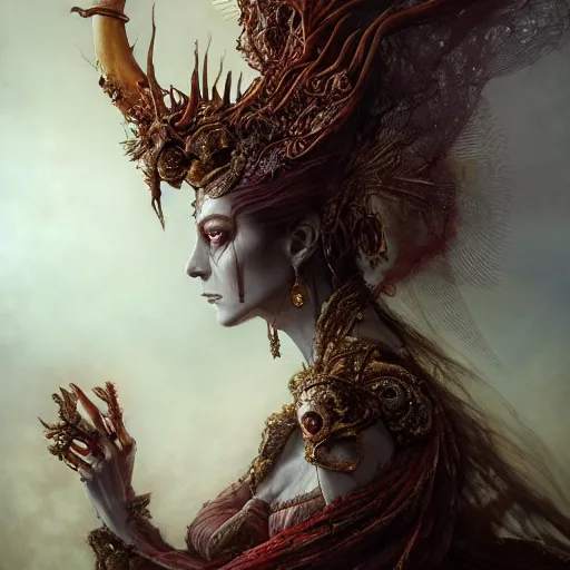 Image similar to a beautiful detailed 3d matte painting of female empress of the dead, by ellen jewett, by tomasz alen kopera, by Justin Gerard, ominous, magical realism, texture, intricate, ornate, royally decorated, skull, skeleton, whirling smoke, embers, red adornements, red torn fabric, radiant colors, fantasy, volumetric lighting, high details