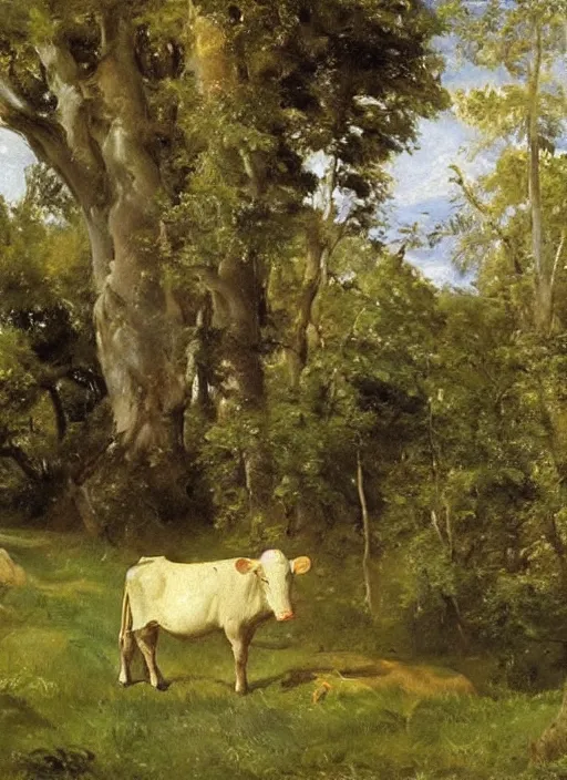 Image similar to artwork painting of a lush environment, a cow is grazing by eugene von guerard, ivan shishkin, john singer sargent