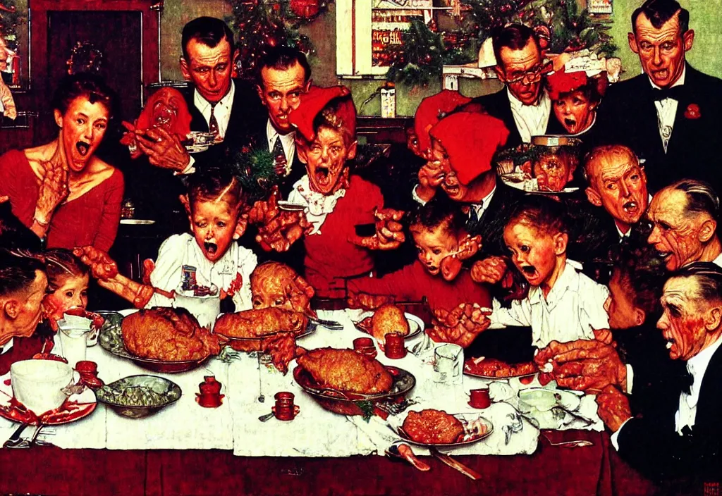 Image similar to A Norman Rockwell painting of a family losing their grip on reality during a Christmas dinner, horror, blood red, cosmic horror, cinematic, 8k