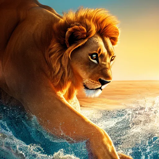 Prompt: a photorealistic photograph of the lion simba emerging from the ocean like a dolphin would. bright scene. fine detail. this 4 k hd image is trending on artstation, featured on behance, well - rendered, extra crisp, features intricate detail, epic composition and the style of unreal engine.