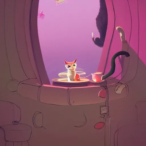 Image similar to cheshire cat drinking tea, in the style of atey ghailan and james gilleard and goro fujita, exquisite lighting, art, very coherent, trending on artstation