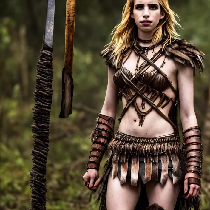 Image similar to full length photo of emma roberts as an amazon warrior, highly detailed, 4 k, hdr, smooth, sharp focus, high resolution, award - winning photo