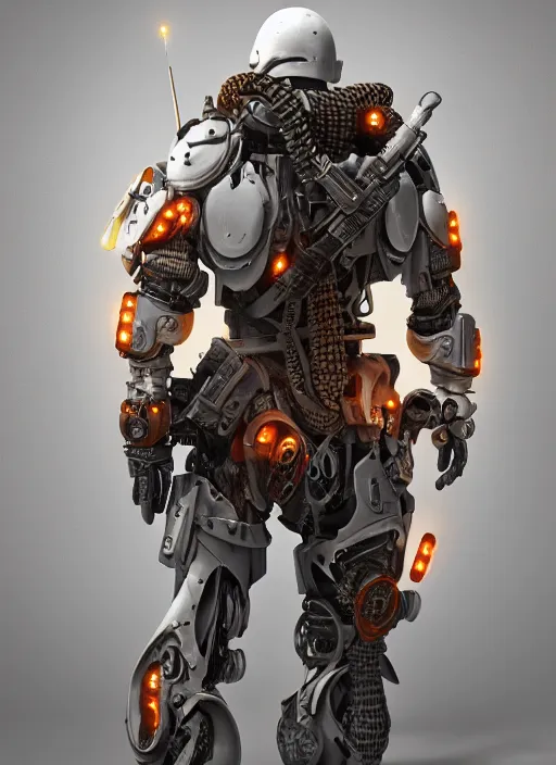 Prompt: mercenary soldier by vitaly bulgarov, octane render, biomechanical, cyborg, white and orange, steampunk, cyberpunk, intricate detail, backlit