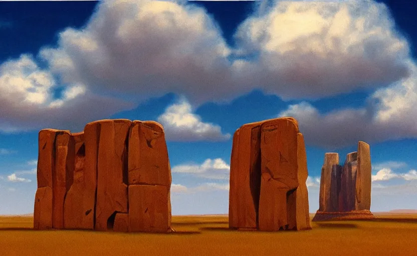 Image similar to hyperrealist painting of an giant cube from independence day ( 1 9 9 6 ) in monument valley stonehenge. 1 9 7 0 s science fiction, moody, misty, depth perception, 4 k, artstation, in the style of studio ghibli