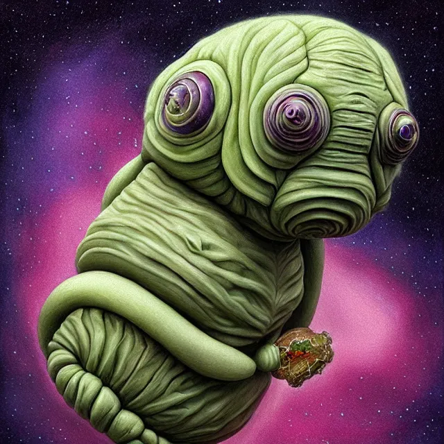 Image similar to a highly detailed tardigrade, it has a beautiful unconventional face, floating through deep space, elegant, hyperrealistic, digital painting, artstation, realism, concept art, pop, smooth, mythological, sharp focus, qualia, illustration, art by mark ryden 3 d 8 k ultra detailed