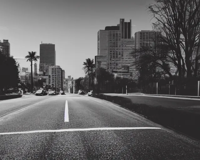 Prompt: a road leading to a silhouette of city