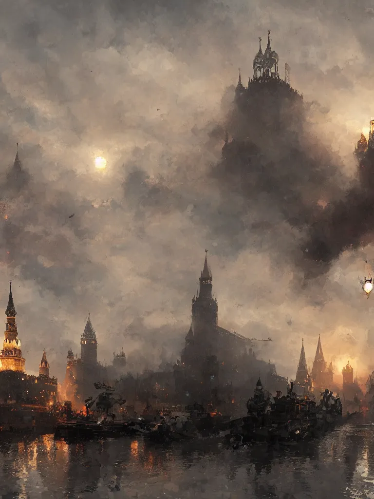 Image similar to russian revolution 1 9 1 0, ominous evening, after the storm, drama, steampunk airship, kremlin, by rozalski and craig mullins and federico pelat, artstation