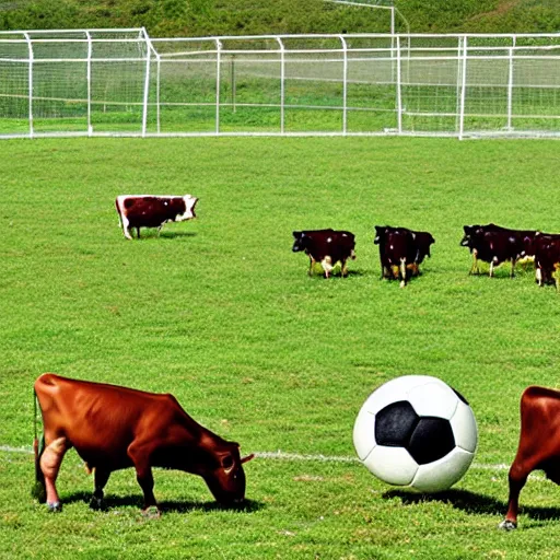 Prompt: cows playing soccer