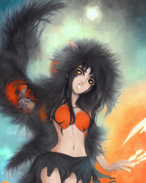 Image similar to anime wolfgirl with shaggy black hair, glowing orange eyes, dark grey skin and furry arms, digital art, by Fernanda Suarez and and Edgar Maxence