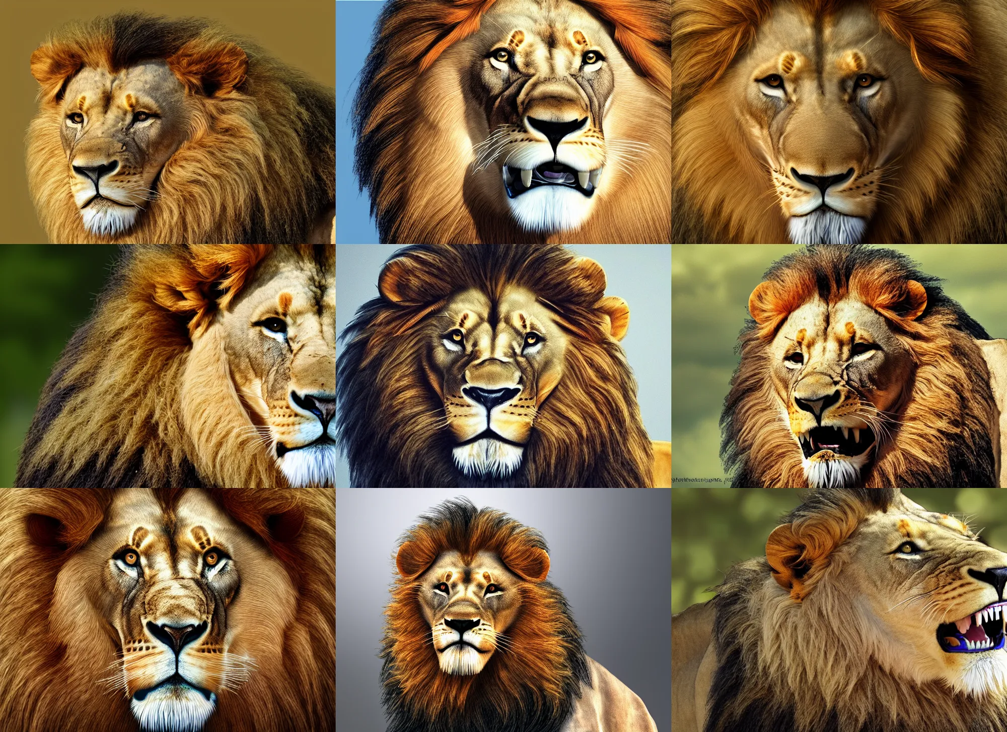 Prompt: photorealistic lion with human teeth
