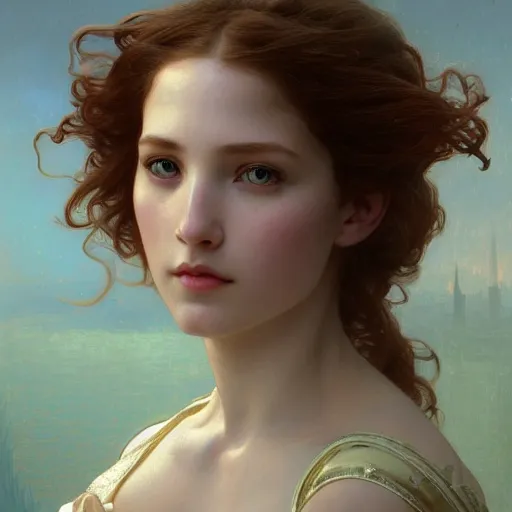 Prompt: portrait of a maiden on the river styx, top view, intricate, elegant, highly detailed, digital painting, artstation, concept art, smooth, sharp focus, illustration, art by artgerm and greg rutkowski and alphonse mucha and william - adolphe bouguereau