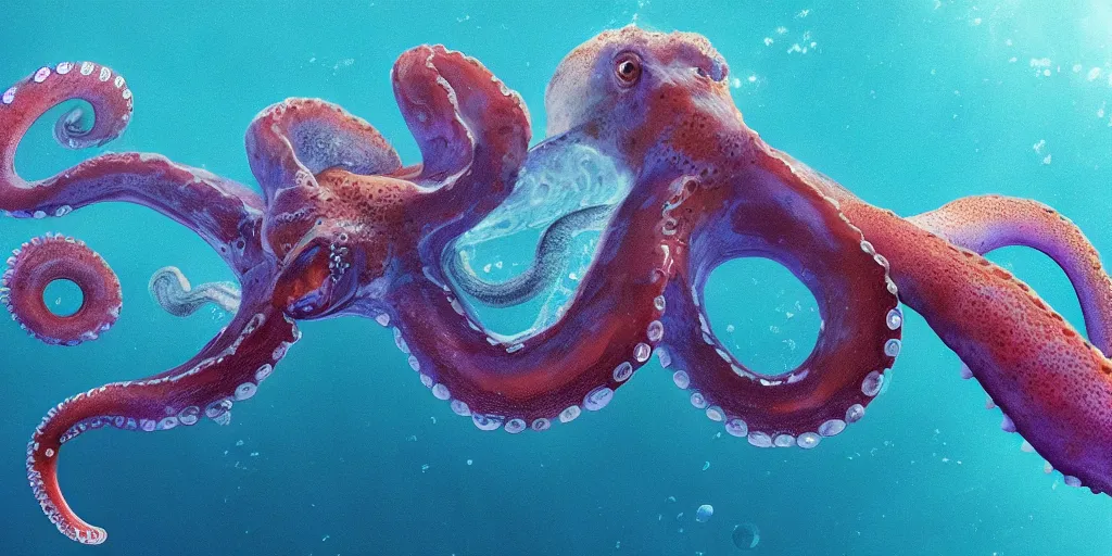 Image similar to giant pacific octopus in the Great Barrier Reef, iridescent small jelly fish in background. trending on artstation, hyper realism, depth of view 8k.