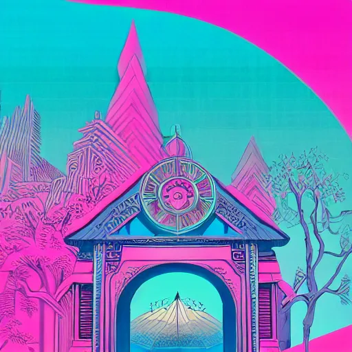 Image similar to mystical realistic poster with shaded lighting by arjun brooklyn radiant light, detailed and complex environment, solace, beautiful, utopic city with many buildings and temples, old growth pine trees, overlaid sacred geometry, with implied lines, gradient of hot pink and neon baby blue