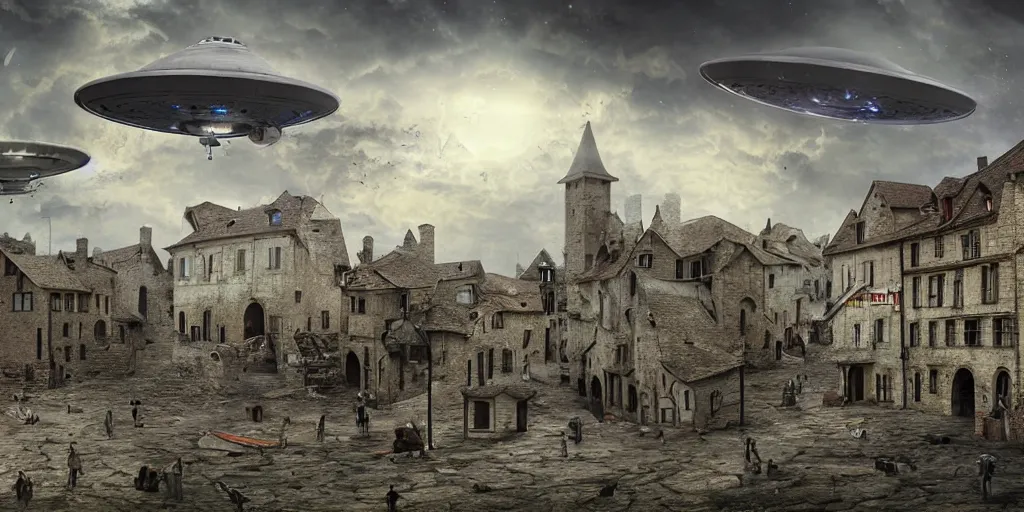 Prompt: ufo's invading a medieval town, view from the street, digital art, matte painting, very detailed