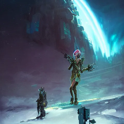 Image similar to an epic grim hyperdetailed 3 d matte painting of a hallucinogenic cybernetically enhanced female cyberpunk sorcerer sniper on a distant sci - fi planet under dramatic aurora borealis by peter mohrbacher by jakub rozalski