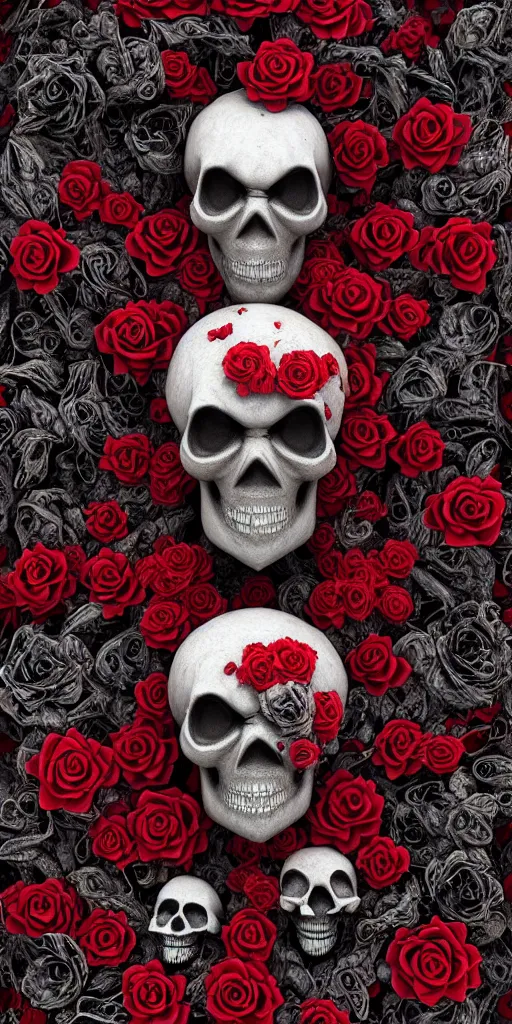 Image similar to skull made of red roses, organic horror, devil, death, giger, epic, baroque, art nouveau, james jean, photorealistic render, 3 ds max + v - ray, extremely detailed and intricate, center composition, elegant, vfx, unreal engine 5, octane render, extremely contrast, extremely sharp lines
