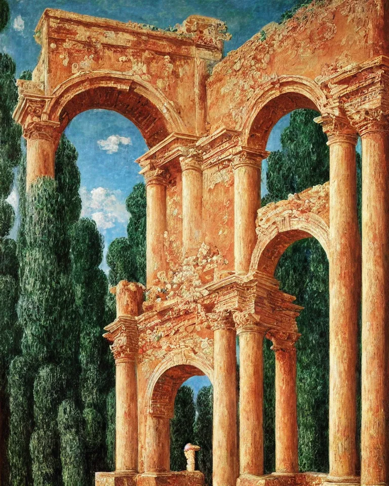 Image similar to achingly beautiful painting of intricate ancient roman arch on coral background by rene magritte, monet, and turner. giovanni battista piranesi.