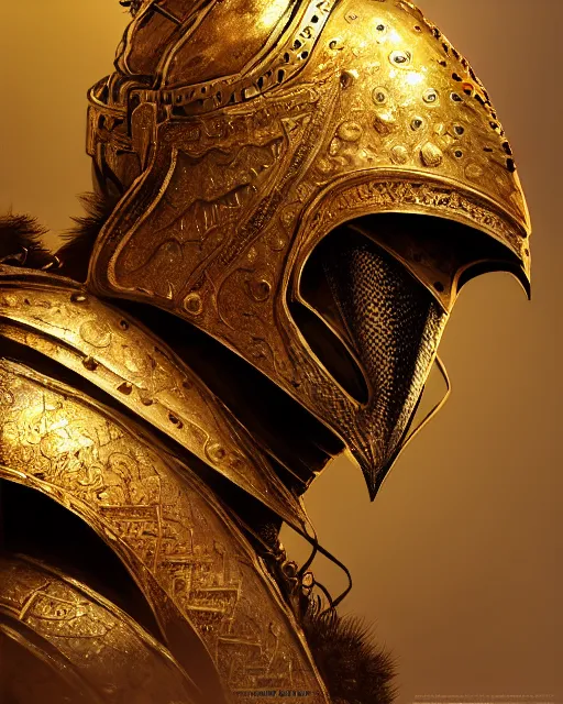 Prompt: realistic side view painting of the king of the desert, angry, wide angle, gold armour, sword, dramatic lighting, intricate, wild, highly detailed, digital painting, artstation, concept art, smooth, sharp focus, illustration