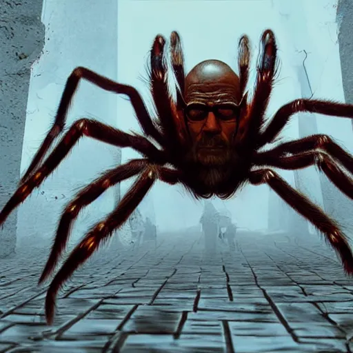 Image similar to walter white as a hideous spider, horror, photorealistic,, features intricate detail, epic composition and the style of unreal engine.