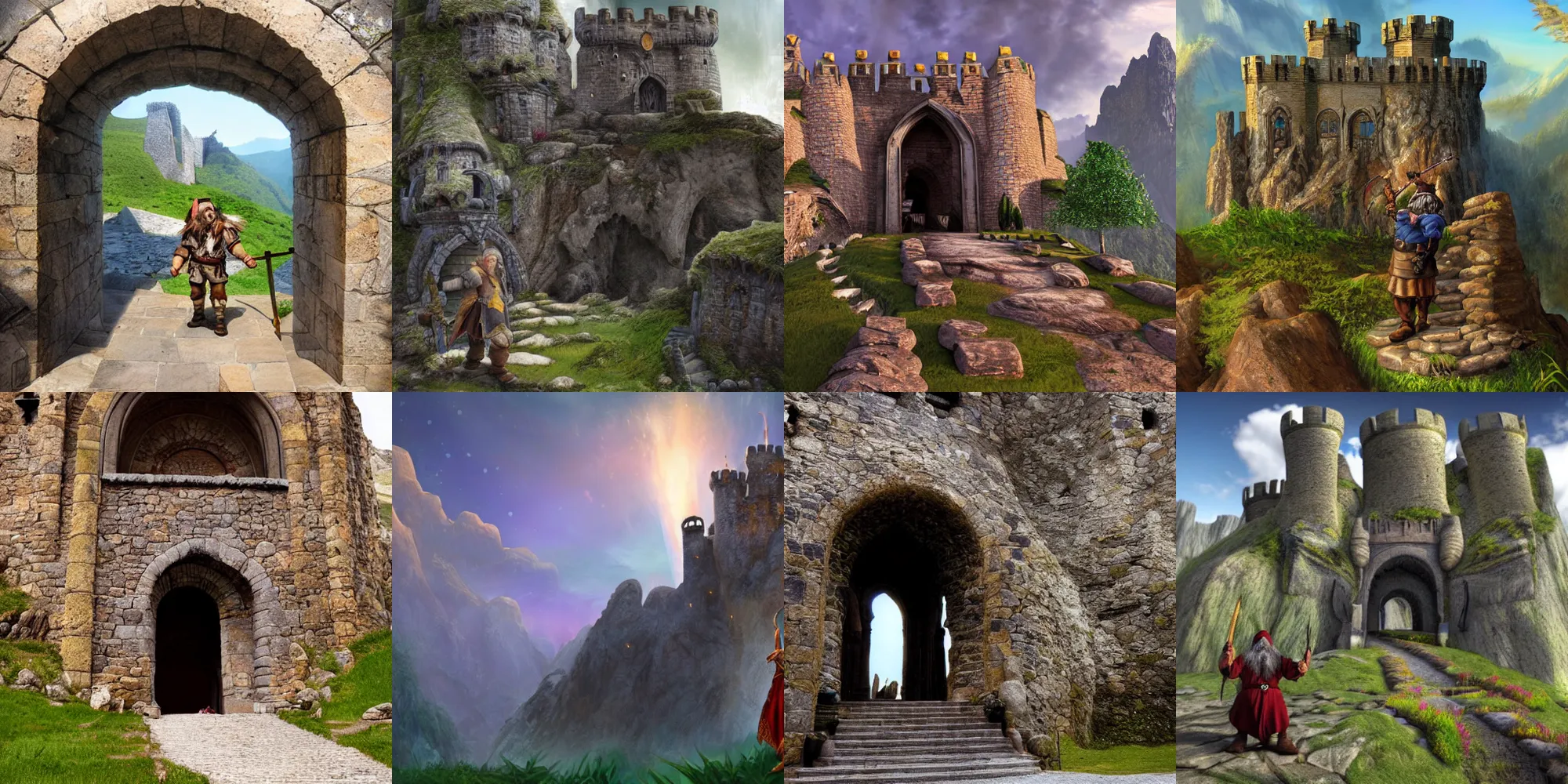 Prompt: fantasy dwarf sorcerer enchanting the entrance of a majestic fortress in amid a craggy landscape