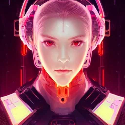 Prompt: symmetry portrait of a young female cyberpunk samurai, sci - fi, tech wear, glowing lights intricate, elegant, highly detailed, digital painting, artstation, concept art, smooth, sharp focus, illustration, art by artgerm and greg rutkowski and alphonse mucha