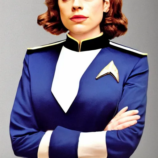 Prompt: a beautiful full body photograph of younger hayley atwell as a star fleet officer from star trek next generation, full dress uniform, smaller lips, symmetrical face, extreme realism and detail, 8 k, completely framed, direct lighting, 3 5 mm photo, photorealistic, sharp focus